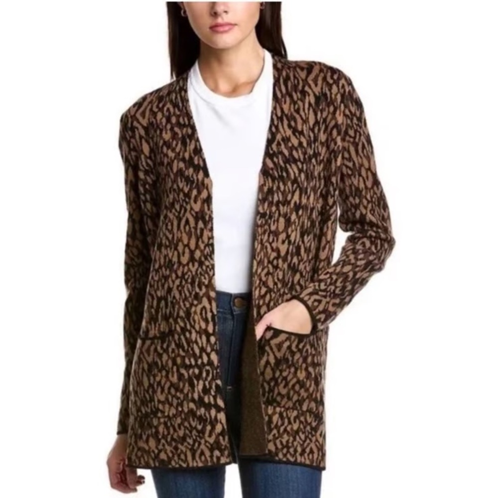 J. MCLAUGHLIN Jacqueline Cardigan 100%‎ Merino Wool Animal Print cheetah leopard